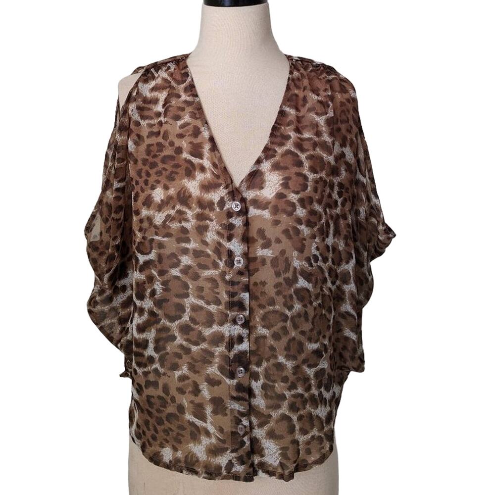 BB DAKOTA Animal Print Leopard Button Down Sheer Blouse‎ Drape Oversize Small S